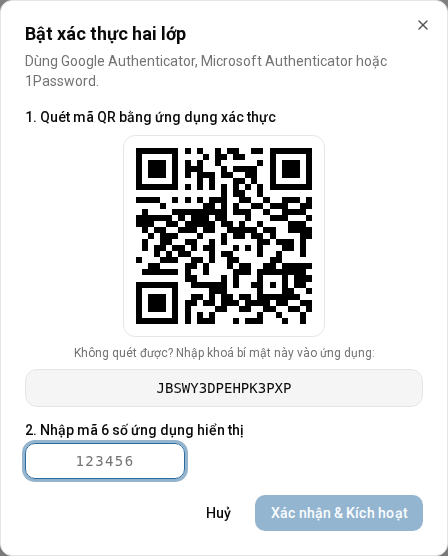Hộp thoại bật xác thực hai lớp với mã QR